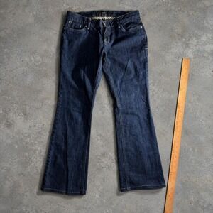 Y2K 2000s Low Rise Bootcut Flare Jeans Dark wash denim with distressed details